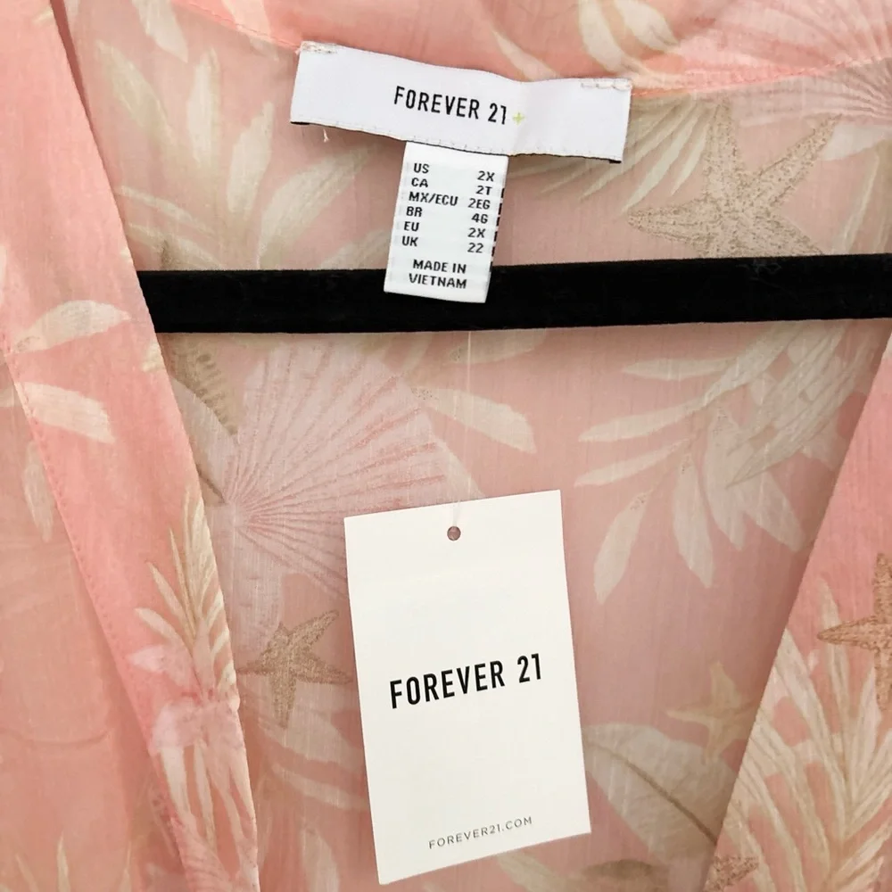 Forever 21 Sea Shell Leaf Sheer Robe Swim Cover Up With Tie 2X NWT - Picture 3 of 6